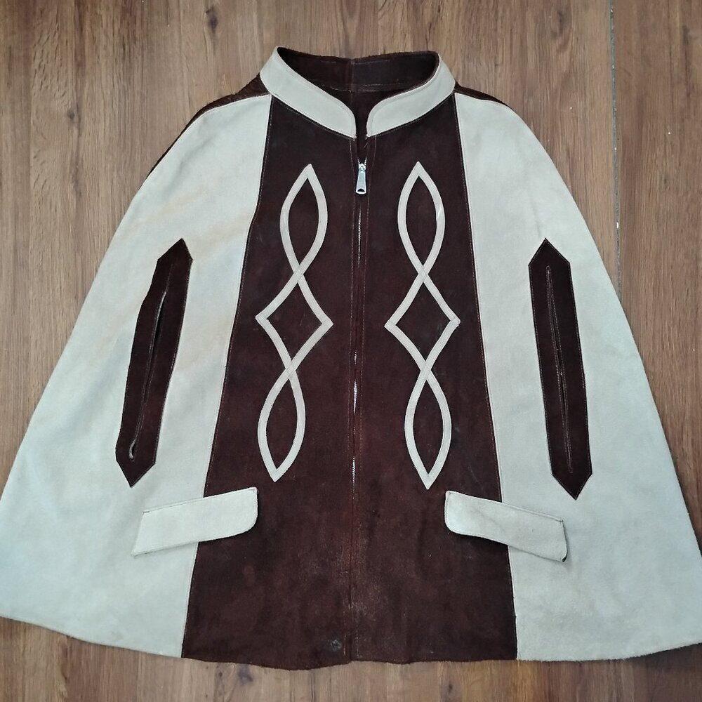 Vintage 60s Two Tone Suede Leather Mexican Cape Jacket